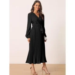 Seta T Women's Spring Fall Long Lantern Sleeve Wrap V Neck Flowy Ruffle Pleated Midi Dresses