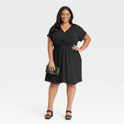 Women's Short Sleeve Twist-Front V-Neck Woven Sundress Dress - Ava & Viv™ 4 Women's Short Sleeve Twist-Front V-Neck Woven Sundress Dress - Ava & Viv™ - Image 2