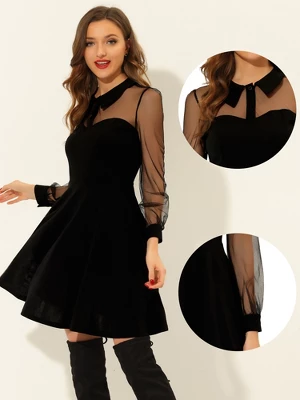 Allegra K Women's Sheer Mesh Panel Long Sleeve Fit And Flare Mini A-Line Dresses 3 Allegra K Women's Sheer Mesh Panel Long Sleeve Fit And Flare Mini A-Line Dresses