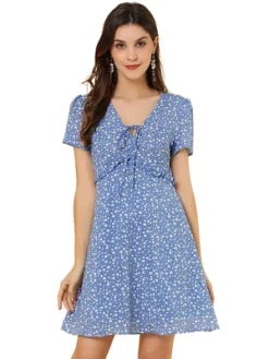 Allegra K Women's Floral Ruffle Trim Tie V Neck Shorts Sleeves Mini Dress -Mizuno Shop GUEST 05828a19 5efd 4acc b933 48e2c699fcf3