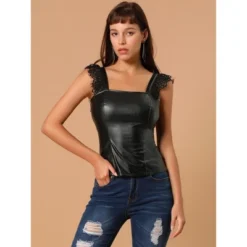 Allegra K Women's Lace Trim Party Faux Leather PU Tank Top -Mizuno Shop GUEST 064cf1e4 600c 4313 8c7e 5029459e0d7e
