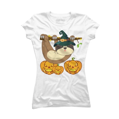Junior's Design By Humans Funny Witch Sloth With Jack O Lantern Halloween T-Shirt By Thebeardstudio T-Shirt 6 Junior's Design By Humans Funny Witch Sloth With Jack O Lantern Halloween T-Shirt By Thebeardstudio T-Shirt - Image 4