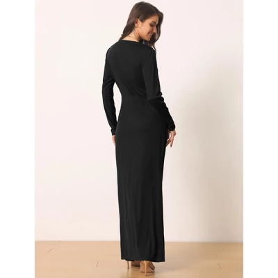 Seta T Women's Ruched Wrap Dress Long Sleeve V Neck Split Hem Draped Front Bodycon Maxi Cocktail Party Dress 5 Seta T Women's Ruched Wrap Dress Long Sleeve V Neck Split Hem Draped Front Bodycon Maxi Cocktail Party Dress - Image 3