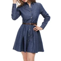 Allegra K Women's Button Down Belted Pleated Flare A-line Denim Shirt Dress -Mizuno Shop GUEST 0b1f6f4b a10c 4e7a af27 eb7d8292cf1b