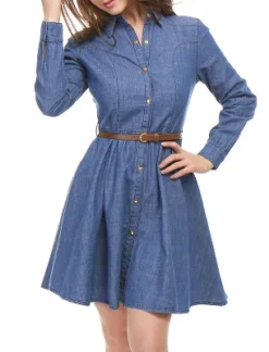 Allegra K Women's Button Down Belted Pleated Flare A-line Denim Shirt Dress -Mizuno Shop GUEST 0ce07382 38e2 4223 b271 549d219b2271