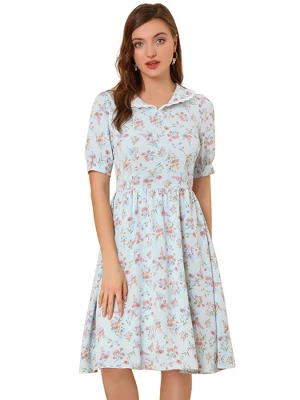 Allegra K Women's Vintage Floral Peter Pan Collar High Waist Puff Sleeve A-line Flowy Midi Dress 9 Allegra K Women's Vintage Floral Peter Pan Collar High Waist Puff Sleeve A-line Flowy Midi Dress - Image 7