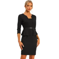 Allegra K Women's Pencil Knee Length 3/4 Sleeve Belted Work Peplum Sheath Dress -Mizuno Shop GUEST 0dd6855c 5f2b 4039 87f2 43a19e141b34