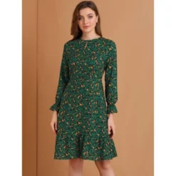 Allegra K Women's Floral Long Sleeve Printed Elastic Waist Ruffle Hem Knee Length Dress