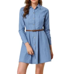 Allegra K Women's Button Down Belted Pleated Flare A-line Denim Shirt Dress -Mizuno Shop GUEST 13e863ee a796 4716 ac76 9bf3f24336ad