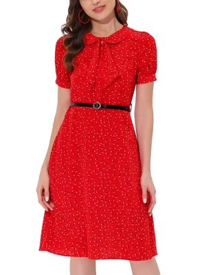 Allegra K Women's Peter Pan Collar Tie Neck Short Sleeves A-Line Elegant Belted Floral Dress 9 Allegra K Women's Peter Pan Collar Tie Neck Short Sleeves A-Line Elegant Belted Floral Dress - Image 7