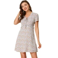 Allegra K Women's Floral Ruffle Trim Tie V Neck Shorts Sleeves Mini Dress -Mizuno Shop GUEST 18173909 80da 4a06 b3f3 ff784c8b1706