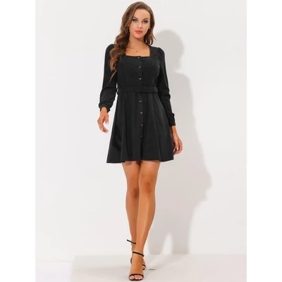 Allegra K Women's Square Neck Long Sleeve Button Front Corduroy Dress With Belt 4 Allegra K Women's Square Neck Long Sleeve Button Front Corduroy Dress With Belt - Image 2
