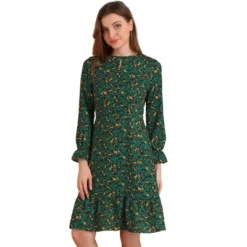 Allegra K Women's Floral Long Sleeve Printed Elastic Waist Ruffle Hem Knee Length Dress -Mizuno Shop GUEST 1bab4f57 7046 4158 885a a1eaab7a95cb