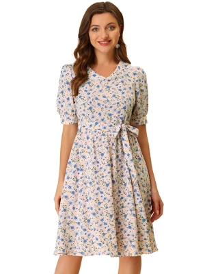 Allegra K Women's Vintage Floral Peter Pan Collar High Waist Puff Sleeve A-line Flowy Midi Dress 11 Allegra K Women's Vintage Floral Peter Pan Collar High Waist Puff Sleeve A-line Flowy Midi Dress - Image 9