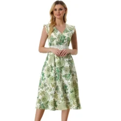 Allegra K Women's V Neck Lace Insert Waist Midi Floral Sundress -Mizuno Shop GUEST 2008e81d 14a0 46b9 a09b 5429e6968661