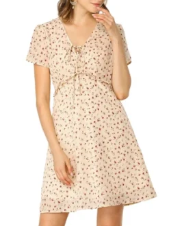 Allegra K Women's Floral Ruffle Trim Tie V Neck Shorts Sleeves Mini Dress -Mizuno Shop GUEST 211648f8 e8fe 48b3 9a72 17cd3ae08d31