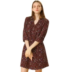 Allegra K Women's Button Front Floral Print V Neck 3/4 Sleeves Above Knee Dresses -Mizuno Shop GUEST 23aa3c8c 29b1 47c8 ae84 f1046069efc1