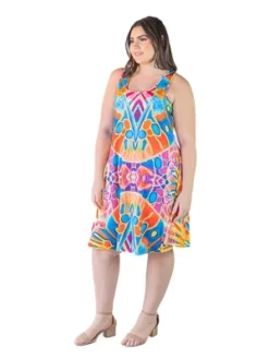 Plus Size Dress Multi Colored Design Knee Length Flowing Style Dress
