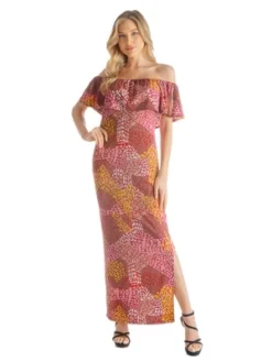Womens Off Shoulder Neckline Side Slit Abstract Print Maxi Dress -Mizuno Shop GUEST 2bfc4981 54f2 4c07 b361 a7fb1a0abdf1