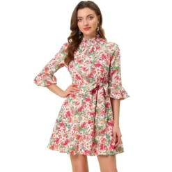Allegra K Women's Floral 3/4 Bell Sleeve Smocked Belted Flare Ruffle Dress -Mizuno Shop GUEST 2fb2ac4b 2b20 48e1 85e7 596d55274cc3