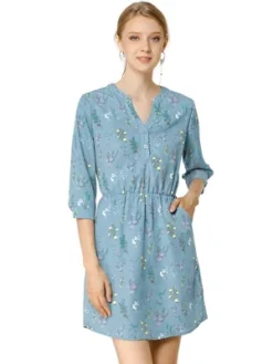 Allegra K Women's Button Front Floral Print V Neck 3/4 Sleeves Above Knee Dresses -Mizuno Shop GUEST 2fcbce18 4af7 4ff7 87bc 4a1fd50024f7