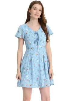 Allegra K Women's Floral Printed Spring Summer Flare Short Sleeve Lace-up V Neck Chiffon Dress -Mizuno Shop GUEST 30c52269 fed0 4604 b3cf bf97cf48f6f3