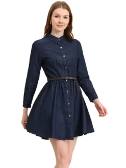 Allegra K Women's Button Down Belted Pleated Flare A-line Denim Shirt Dress -Mizuno Shop GUEST 322fa9ee 7b46 46f5 b75d 2e499ef250f6