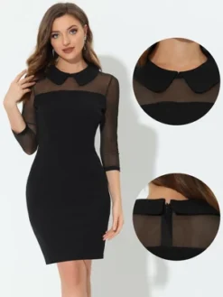 Allegra K Women's Mesh Panel Dress Sheer Sleeve Peter Pan Collar Dresses