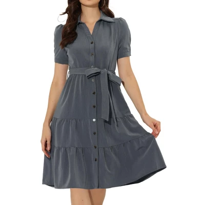 Allegra K Women's Summer V Neck Short Sleeve Button Down Tie Waist Chambray Shirt Dress 8 Allegra K Women's Summer V Neck Short Sleeve Button Down Tie Waist Chambray Shirt Dress - Image 6
