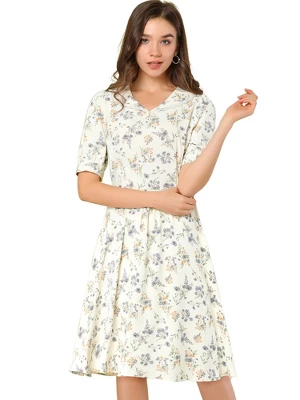 Allegra K Women's Vintage Floral Peter Pan Collar High Waist Puff Sleeve A-line Flowy Midi Dress 8 Allegra K Women's Vintage Floral Peter Pan Collar High Waist Puff Sleeve A-line Flowy Midi Dress - Image 6