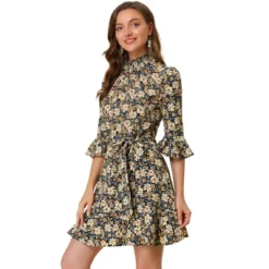 Allegra K Women's Floral 3/4 Bell Sleeve Smocked Belted Flare Ruffle Dress -Mizuno Shop GUEST 3720e7b0 f5ab 402f a3e6 644b1b8b262c