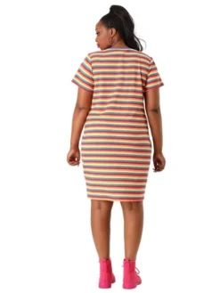 Agnes Orinda Women's Plus Size Rainbow Striped Curvy Fit Shirtdress -Mizuno Shop GUEST 3a424576 5e13 4355 819a 573b3edca276