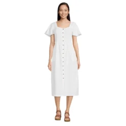 Lands' End Women's Linen Sweetheart Button Front Midi Dress