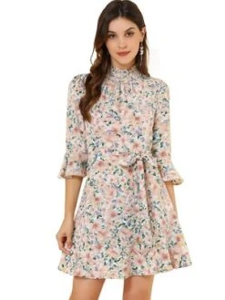 Allegra K Women's Floral 3/4 Bell Sleeve Smocked Belted Flare Ruffle Dress -Mizuno Shop GUEST 4c0032f5 6f13 475b bc26 96779c7b6bf2