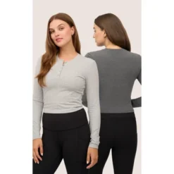 Yogalicious Womens 2 Pack Velvety Heather Valentina Long Sleeve Henley Crop Top -Mizuno Shop GUEST 4c9f3712 8fac 4f3f 8994 da57561c9763