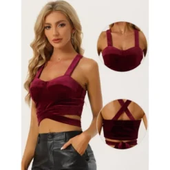 Allegra K Women's Party Velvet Sleeveless Spaghetti Strap Deep V Crop Cami Tank Top