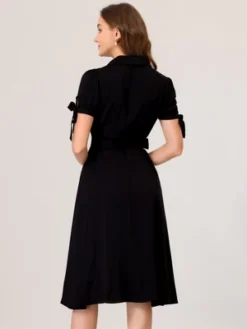 Allegra K Women's Business Casual Shirt Short Sleeve Pocket Belted Button Down Midi Dresses -Mizuno Shop GUEST 56f77bff 7761 47cb a9c4 2b7e163a2bbb