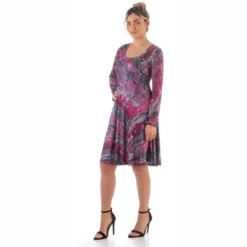 24seven Comfort Apparel Pink Abstract Long Sleeve Knee Length T Shirt Dress