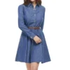 Allegra K Women's Button Down Belted Pleated Flare A-line Denim Shirt Dress