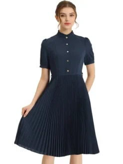 Allegra K Women's Elegant Short Sleeve Ruffle Stand Neck Belted Waist Pleated A Line Midi Dress -Mizuno Shop GUEST 5d1815a7 3bf2 41f3 be32 868780d19108