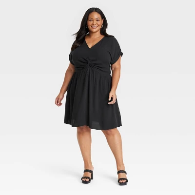 Women's Short Sleeve Twist-Front V-Neck Woven Sundress Dress - Ava & Viv™ 5 Women's Short Sleeve Twist-Front V-Neck Woven Sundress Dress - Ava & Viv™ - Image 3