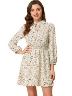 Allegra K Women's Smocked Waist Tie Neck Floral Long Sleeve Dress -Mizuno Shop GUEST 66208c71 257a 4cf7 ac99 1f37cd96093b