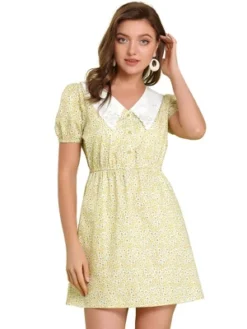 Allegra K Women's Casual Floral Embroidered Contrast Collar Elastic Waist Button-Down Mini Dress -Mizuno Shop GUEST 664997f3 0292 412d 8218 d904fe340352