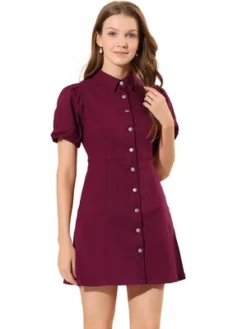 Allegra K Women's Puff Short Sleeve Collared Button Front Mini Jean Denim Dress -Mizuno Shop GUEST 6e66fd11 a5eb 413d 8e9f 13c83a0fcc8c