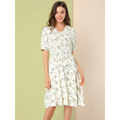 Allegra K Women's Vintage Floral Peter Pan Collar High Waist Puff Sleeve A-line Flowy Midi Dress 4 Allegra K Women's Vintage Floral Peter Pan Collar High Waist Puff Sleeve A-line Flowy Midi Dress - Image 2