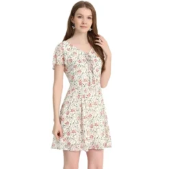 Allegra K Women's Floral Printed Spring Summer Flare Short Sleeve Lace-up V Neck Chiffon Dress -Mizuno Shop GUEST 744dbc92 9c23 4b76 beb8 0d80382b9e95