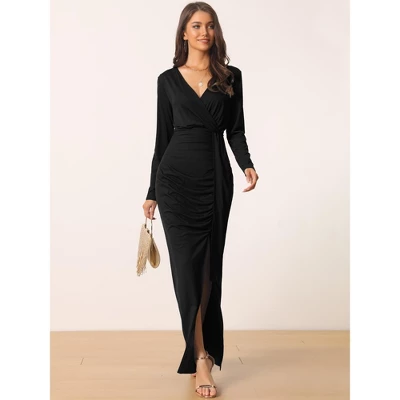 Seta T Women's Ruched Wrap Dress Long Sleeve V Neck Split Hem Draped Front Bodycon Maxi Cocktail Party Dress 3 Seta T Women's Ruched Wrap Dress Long Sleeve V Neck Split Hem Draped Front Bodycon Maxi Cocktail Party Dress