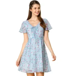 Allegra K Women's Floral Printed Spring Summer Flare Short Sleeve Lace-up V Neck Chiffon Dress -Mizuno Shop GUEST 75047da8 4537 4e9f adf0 a93221237eac