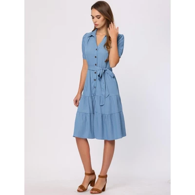 Allegra K Women's Summer V Neck Short Sleeve Button Down Tie Waist Chambray Shirt Dress 4 Allegra K Women's Summer V Neck Short Sleeve Button Down Tie Waist Chambray Shirt Dress - Image 2