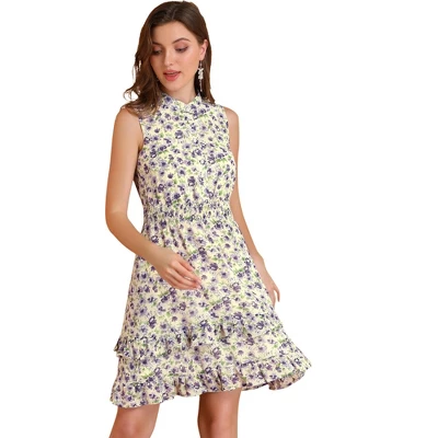 Allegra K Women's Floral A-line Smocked Waist Tiered Ruffled Chiffon Mini Dress 12 Allegra K Women's Floral A-line Smocked Waist Tiered Ruffled Chiffon Mini Dress - Image 10